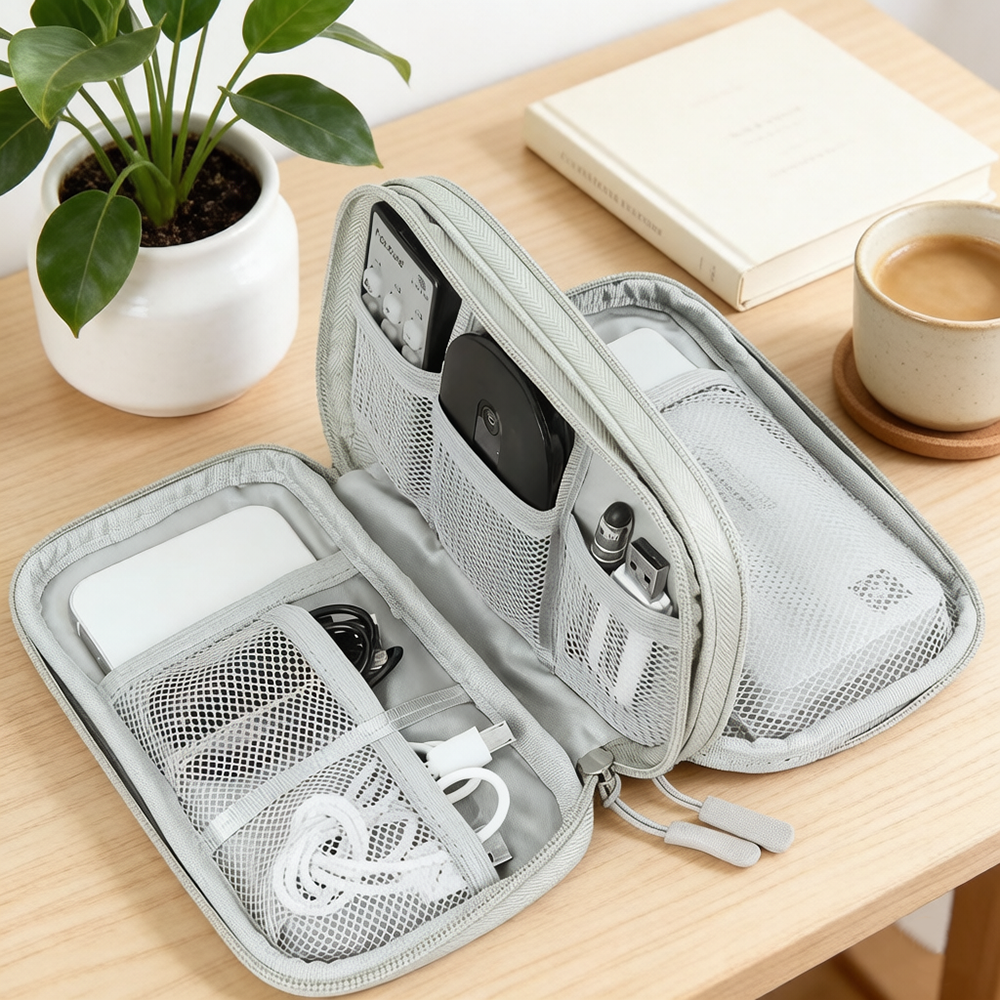 Tech Accessories Travel Bag - Portable Double Layer Electronic Organizer Bag,